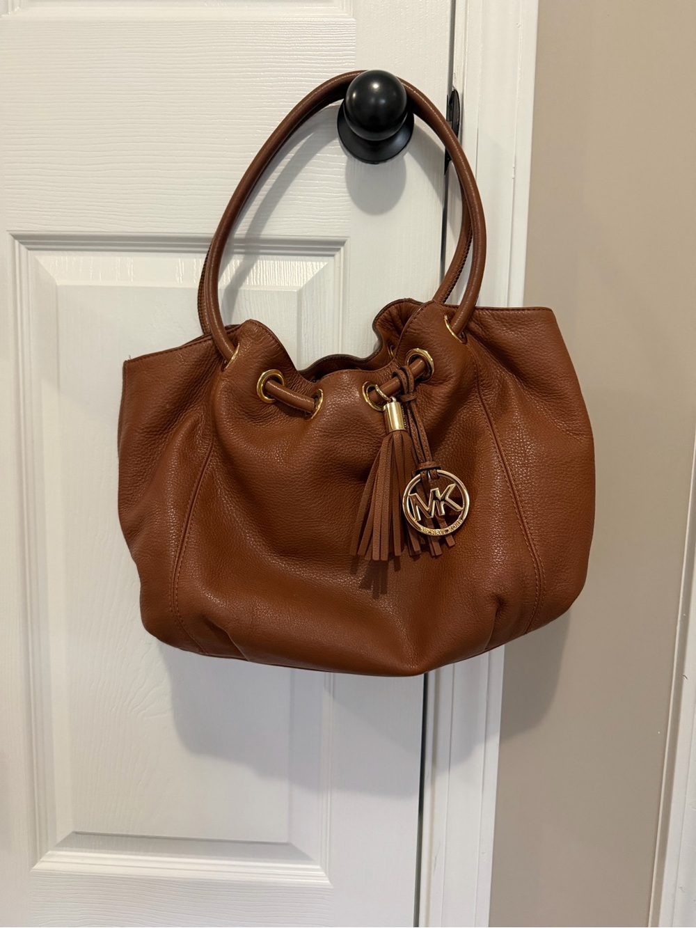Michael Kors Chestnut Pebbled Leather Shoulder Tote with Tassel